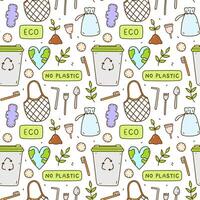 Cute seamless pattern with recycle and reusable products - mesh bag, textile pads and cotton pads, menstrual cup, bamboo toothbrushes, steel cutlery. Zero waste, No plastic, ecology concept. vector