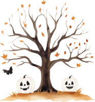 Whimsical Halloween Scene with Pumpkin Lanterns and Barren Tree png