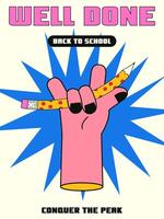 Vertical trendy postcard with a back to school theme in retro style y2k. Illustration of a fat hand with a pencil. Well done. vector