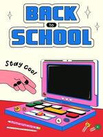 Vertical card with a back to school theme in retro style y2k. Illustration of a teenage laptop with 90s aesthetics, pasted over with various stickers. vector