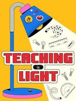 Vertical card with a back to school theme in retro style y2k. Illustration of a desk lamp with stickers and a beam of light with various office supplies. Teaching is light. vector