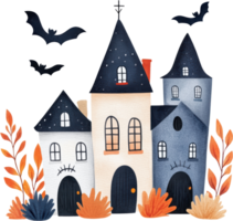 Whimsical Haunted Village with Bats and Autumn Foliage png