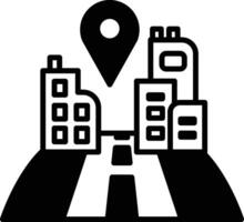 A city skyline with a black and white drawing of a road with a black dot on it vector