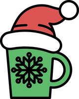 black and white drawing of a cup with a snowflake on it and a santa hat on top vector