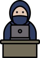 A man wearing a mask is sitting at a desk with a laptop vector