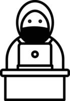 A man wearing a mask is sitting at a desk with a laptop vector