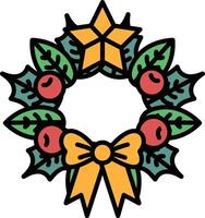 A wreath with a bow and berries is drawn in black vector