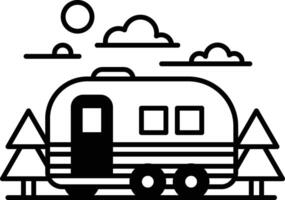 A black and white drawing of a camper van parked in front of a forest vector