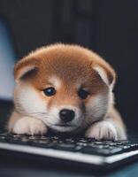 Puppy dog Shiba Inu's face rests its chin against the computer keyboard isolated in a studio setting with a black background photo