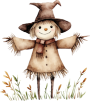 Charming Watercolor Scarecrow in Rustic Attire with Warm Expressions png