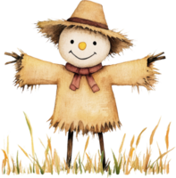 Adorable Scarecrow in Straw Hat Greeting from the Wheat Field png