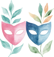 Delicate Duality A Pair of Watercolor Masks Amidst Lush Leaves png