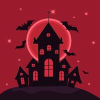 simple black castle with windows on the red background. halloween simple flat art vector