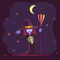 little strange witch monster in violet hat with colorful magic broom on the dark background. halloween simple flat art vector