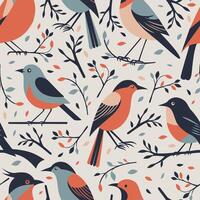 seamless pattern with folk birds on blooming tree branches vector