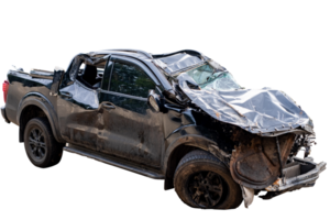 Car crash, Front and Side view of new black pickup car get damaged by accident on the road. damaged cars after collision. isolated on transparent background, car crash bumper, File png