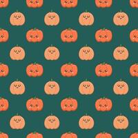 Background for the harvest festival. A ripe pumpkin with a cute face. Seamless pattern with kawaii vegetable character vector