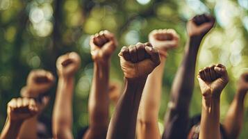 Raised fists in solidarity, signifying strength and unity. photo