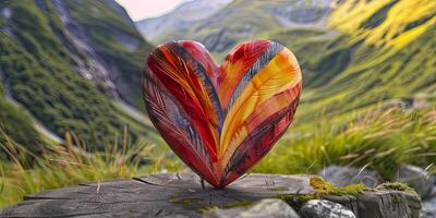 A heart shaped art piece sits on a mossy tree stump, surrounded by lush green mountains. photo