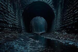 A dark, stone archway leads to a mysterious, foggy path. photo