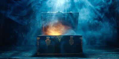An open wooden chest with smoke rising from inside, on a dark wooden table. photo