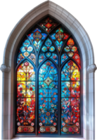 A stained glass window with a blue arch and red and yellow colors. The window is very colorful and has a lot of detail png