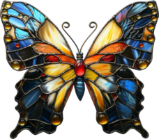 A colorful butterfly with a metallic frame. The butterfly is made of stained glass and has a metallic frame png