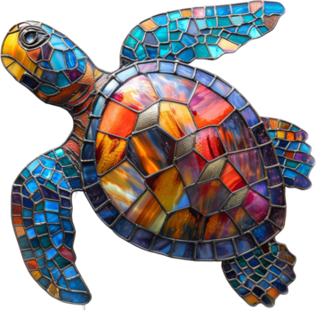 en färgrik sköldpadda med en fjäril på dess skal. de sköldpadda är omgiven förbi en mosaik- av annorlunda färgad glas bitar png