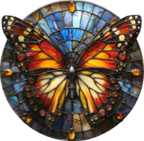 A butterfly is depicted in a stained glass window. The butterfly is orange and black, and it is surrounded by a blue and gold frame. Scene is one of beauty and elegance png
