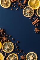 Dried lemons, cinnamon sticks, cloves, and star anise on a blue background with space for text. AI Image photo