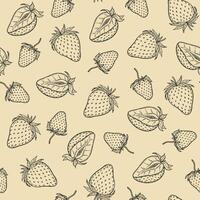 Strawberry seamless pattern, strawberries black line art illustration on beige background, hand drawn botanical outline sketch. Monochrome drawing. For digital background, packaging, textile. vector
