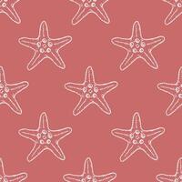 Seashells seamless pattern with starfish line art illustration on pink background. Hand drawn sea star sketch, undersea drawing. Summer ocean beach print for background, textile, fabric, wrapping vector