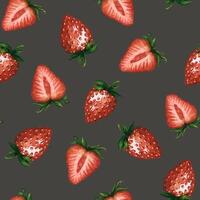 Seamless pattern with fresh and juicy strawberries and strawberry halves isolated on white background, hand drawn watercolor illustration. Ideal for background, fabric and textile, postcard, packaging vector