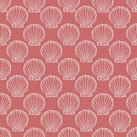 Seashells seamless pattern with line art illustration in white color on pink background. Scallop sketch, seashell line drawing. Summer beach ocean print for background, textile, fabric vector