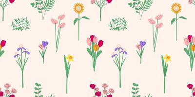 Seamless pattern with flowers and plants. spring summer background template.Botanical collection with flowers, leaves, floral bouquets, flower compositions. illustration EPS10. vector