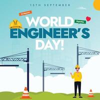 World Engineers Day, 15th September background, banner, post. Engineers day celebration banner with an engineer standing in a construction site with multiple cranes, helmet icons. Conceptual banner vector