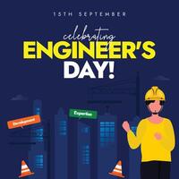 Engineers Day. 15th September World Engineers day celebration banner with building structures, cranes, engineer wearing construction hat, jacket. The day is celebrated to honour Sir Moksha Gundam. vector