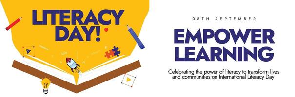 International Literacy day celebration cover banner, post with big open book, icons of pencil, spaceship, bulb, puzzle pieces coming out of it. The day is to empower learning through reading, writing. vector