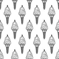 Seamless pattern with ice creams in wafer cones in outline isolated on white background. Doodle style vector