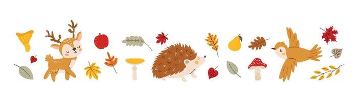 Cute fall set with forest animals and leaves. Hedgehog, deer and bird. Autumn simple illustration on white isolated background. Hand-drawn style. vector