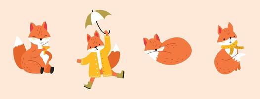 Set with fox in different poses. Fox in fall season with umbrella, with mushroom and in scarf. Children's illustration in the hand drawn style on isolated background. vector