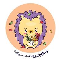 Cute hedgehog with autumn leaves. Funny cartoon kawaii animal character. Kids collection. vector