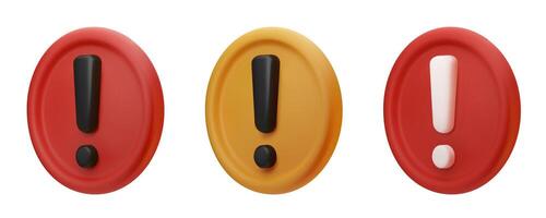 3D realistic circle warning signs. Set of yellow and red danger alert icons isolated on white background vector