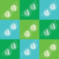 A vibrant seamless pattern featuring glasses in alternating green and blue shades. The design showcases stylish eyewear arranged in a grid format, creating a modern and trendy look. vector