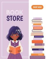 Vertical banner or landing page template for a library or bookstore app with a girl and a pile of books. A textured cartoon illustration of a little kid. An e-library, an e-book concept illustration. vector