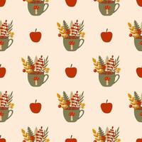Seamless Autumn Pattern with Floral Arrangements in Cups and Apples vector