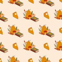 Cozy Autumn Pattern with Pumpkin Pie Books and Autumn Leaves in a Seamless Design. vector