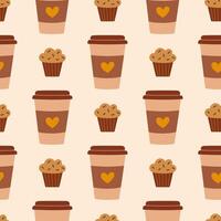 Coffee Cup and Muffin Pattern Seamless Background for Cafes and Bakery Themes. vector