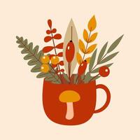 Autumn Themed Illustration of a Mug with Fall Leaves and Berries on Beige Background vector
