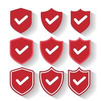 Set Red Shield icon. Shield with a checkmark in the middle Protection icon concept vector